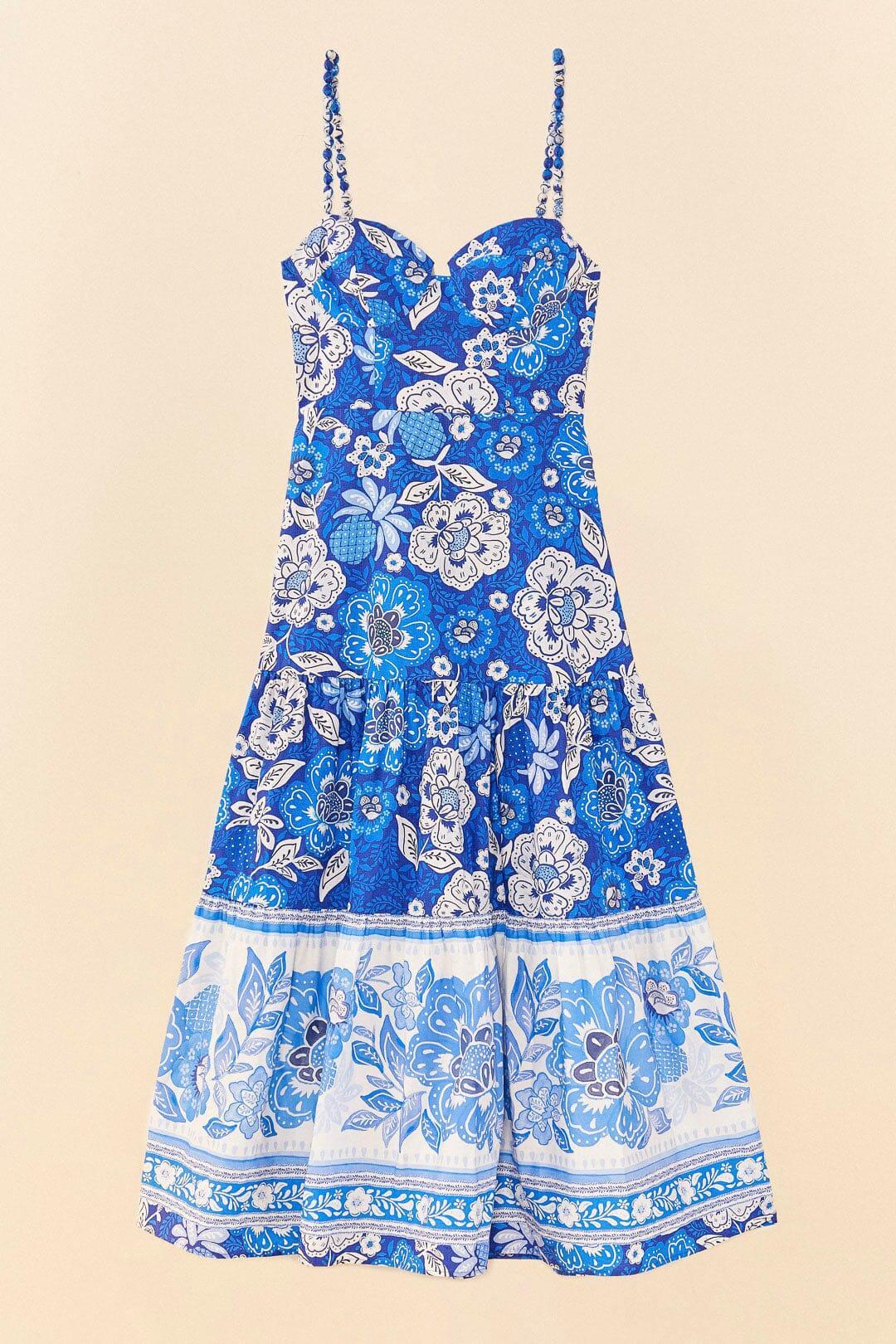 Blue Full Of Flowers Organic Cotton Midi Dress, FULL OF FLOWERS / S Product Image