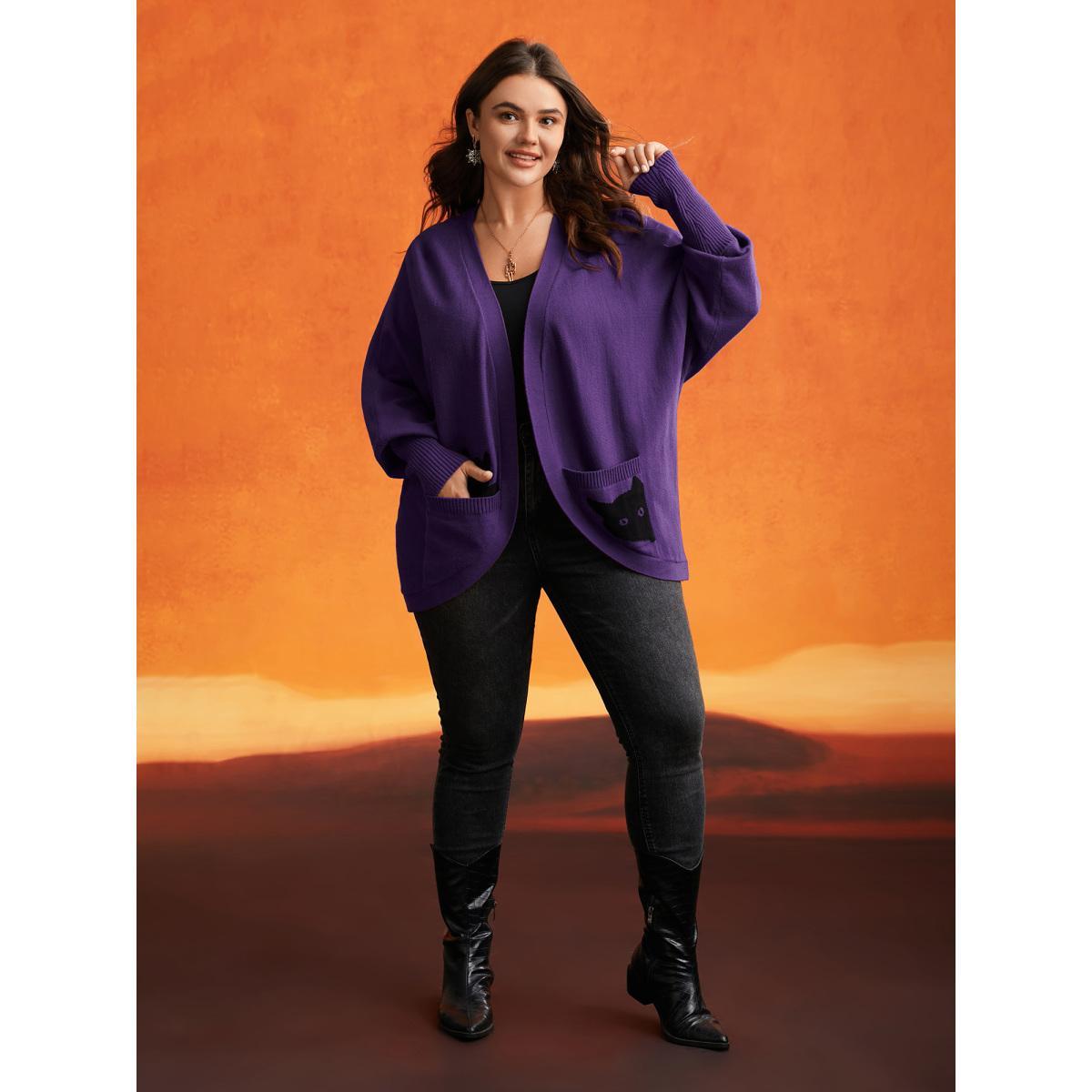 Plus Size Cat Printed Pockets Arc Hem Cardigan Deeppurple Women Casual Loose Long Sleeve Everyday Cardigans BloomChic 18-20/2X Product Image