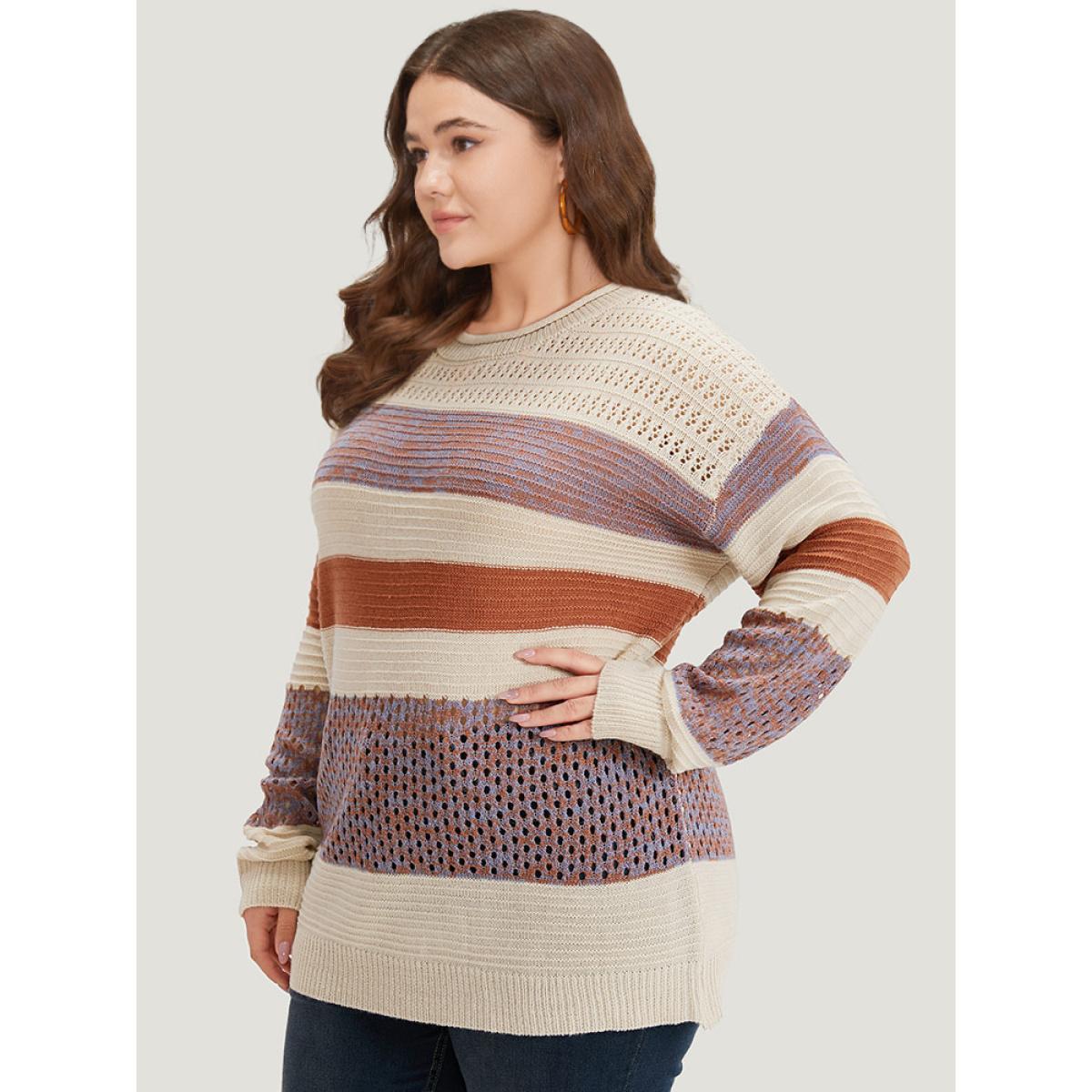 Plus Size Colorblock Contrast Drop Shoulder Cut Out Pullover Multicolor Women Casual Loose Long Sleeve Round Neck Dailywear Pullovers BloomChic 12/L Product Image