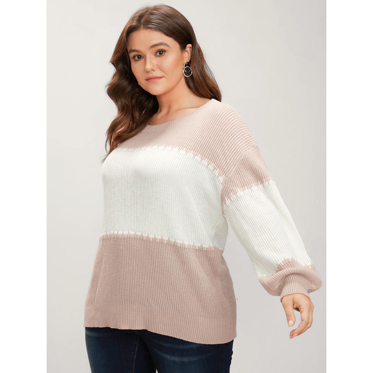 Plus Size Colorblock Contrast Pointelle Knit Lantern Sleeve Round Neck Knit Top DustyPink Women Casual Loose Long Sleeve Round Neck Dailywear Pullovers BloomChic 12/L Product Image