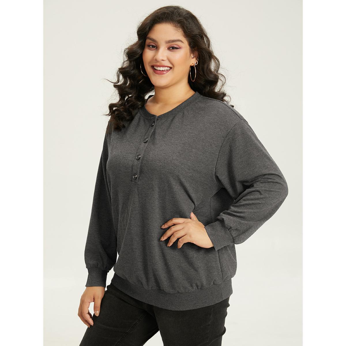 Plus Size Solid Button Through Elastic Cuffs Sweatshirt Women DimGray Casual Plain Open Front Dailywear Sweatshirts BloomChic 10/M Product Image