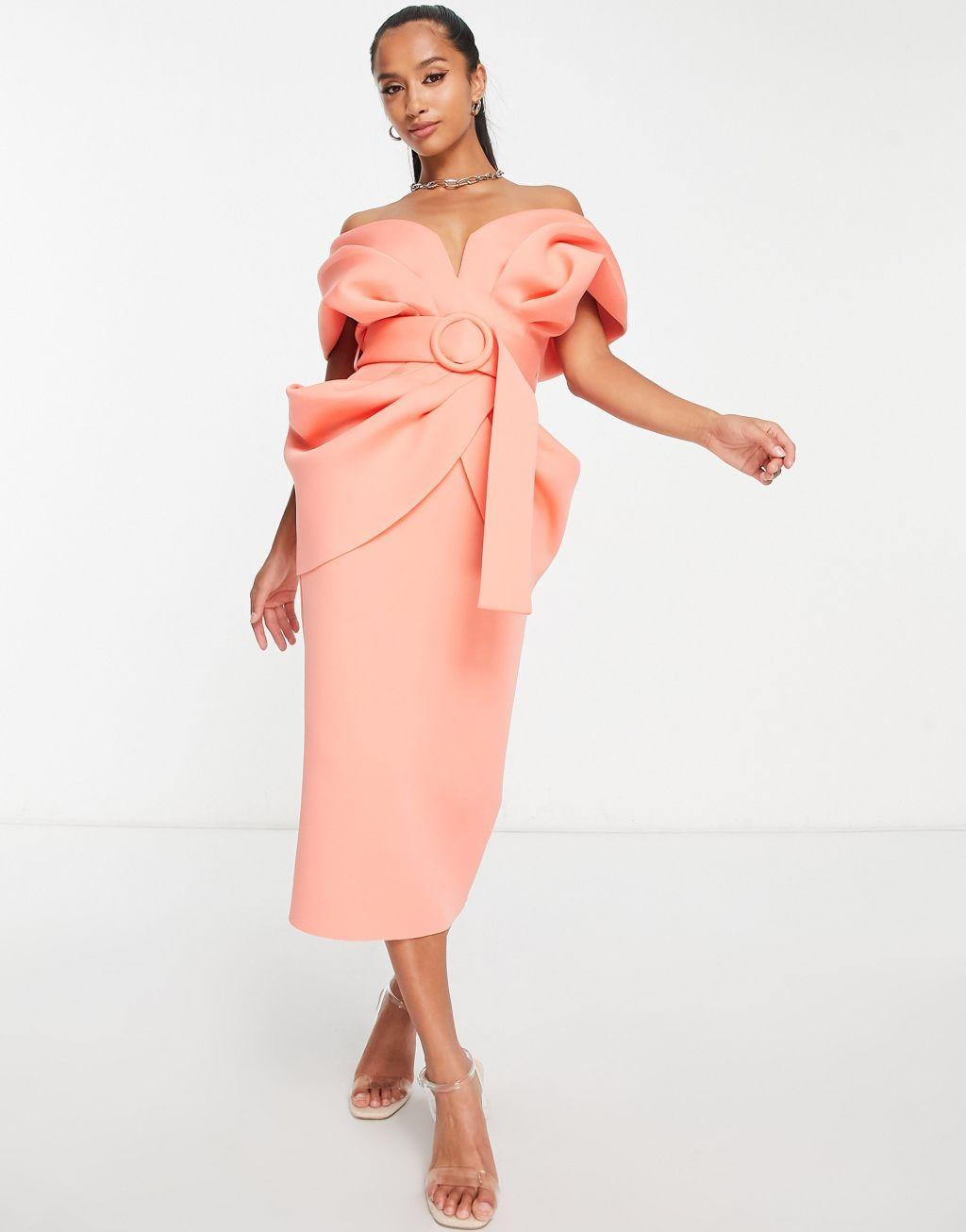 ASOS DESIGN Petite drape shoulder belted midi dress in pink Product Image