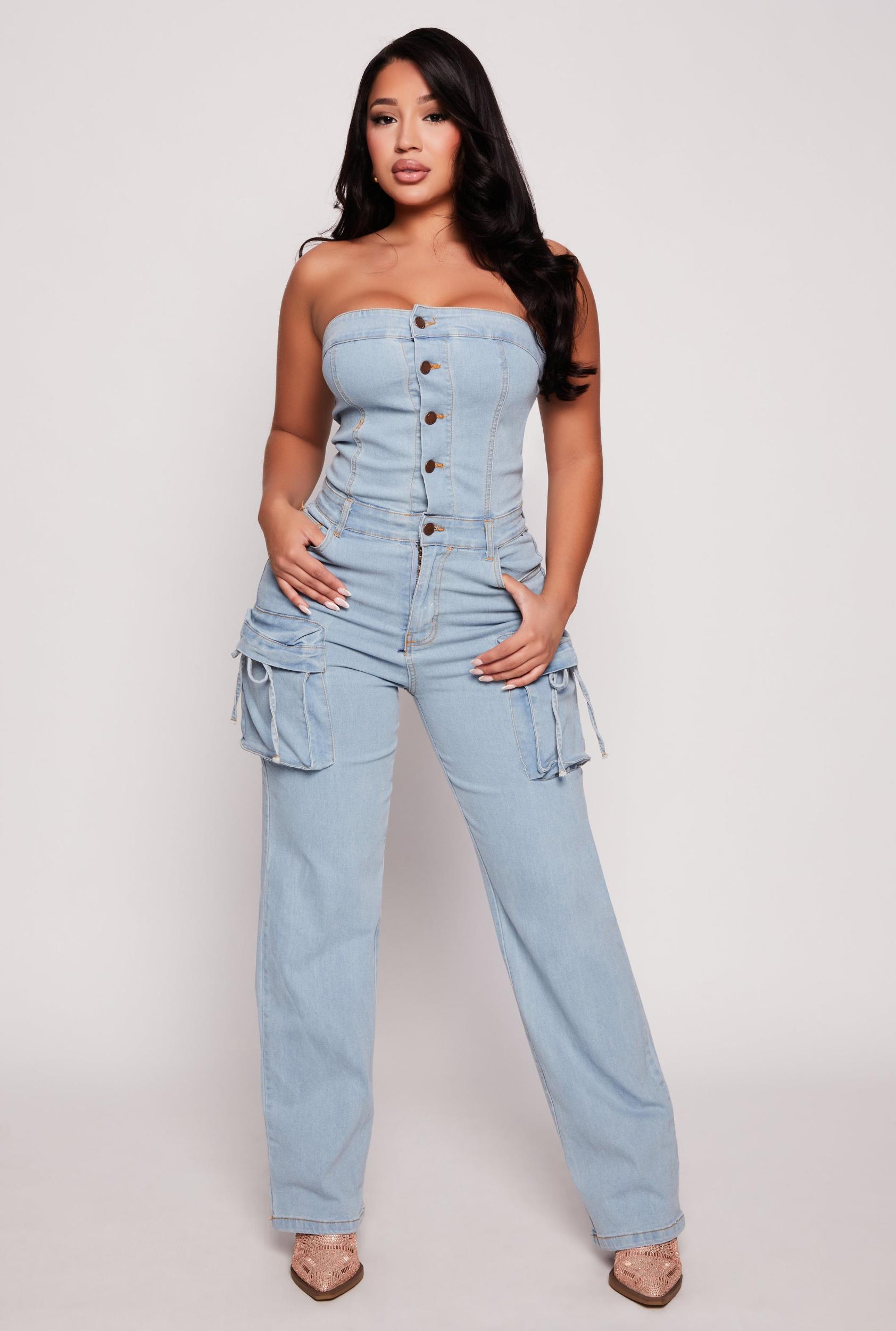 Womens Daisy Denim Cargo Strapless Jumpsuit Product Image