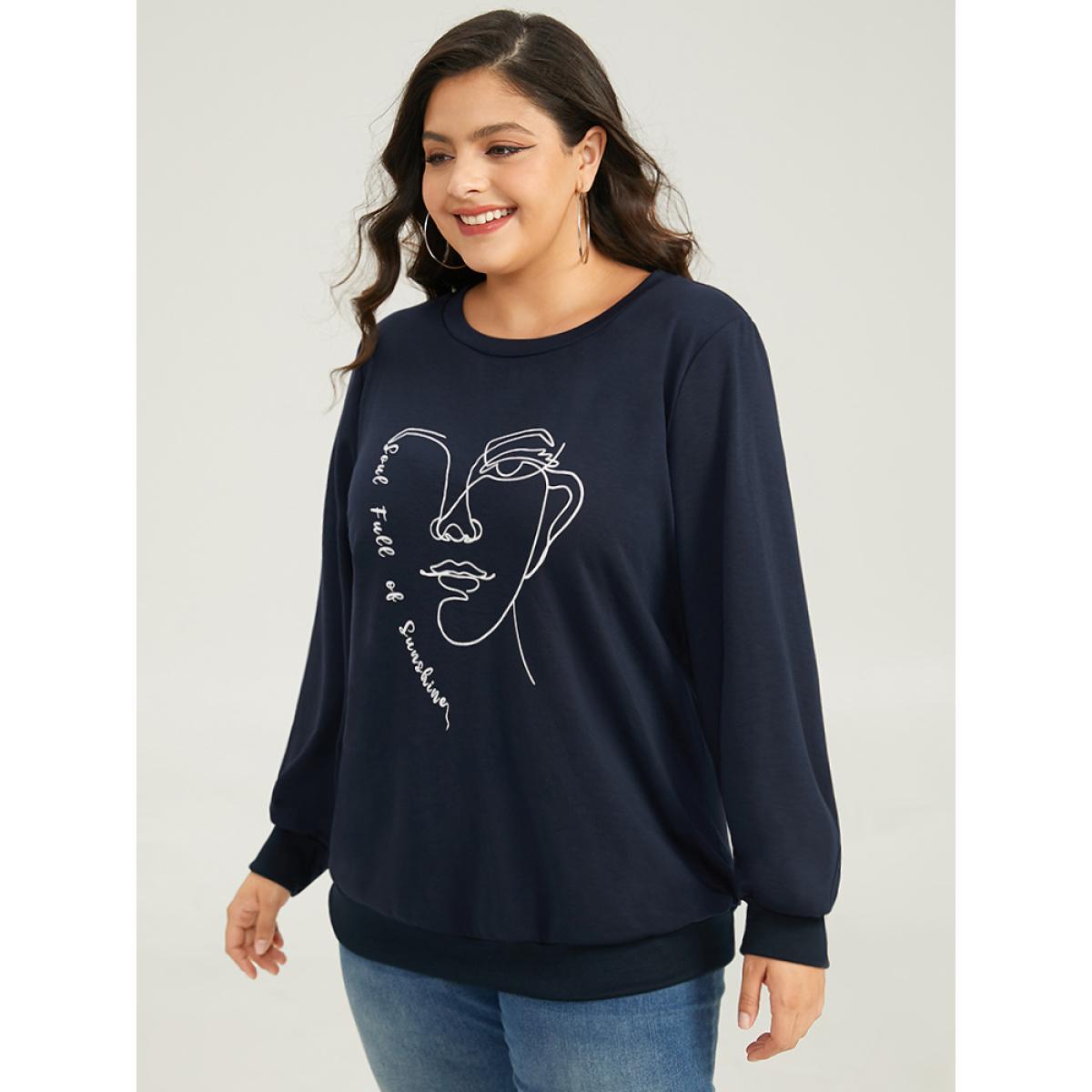 Plus Size Art Figure Elastic Cuffs Crew Neck Sweatshirt Women Indigo Casual Elastic cuffs Dailywear Sweatshirts BloomChic 30/6X Product Image