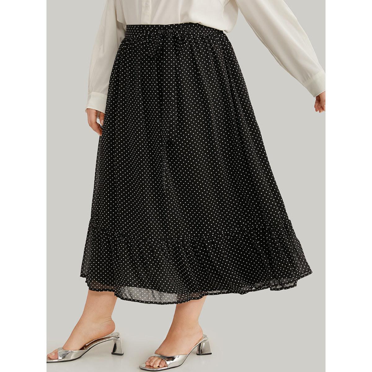 Plus Size Polka Dot Bowknot Ties Ruffles Skirt Women Black Office Lined No stretch Work Skirts BloomChic 28/5X Product Image