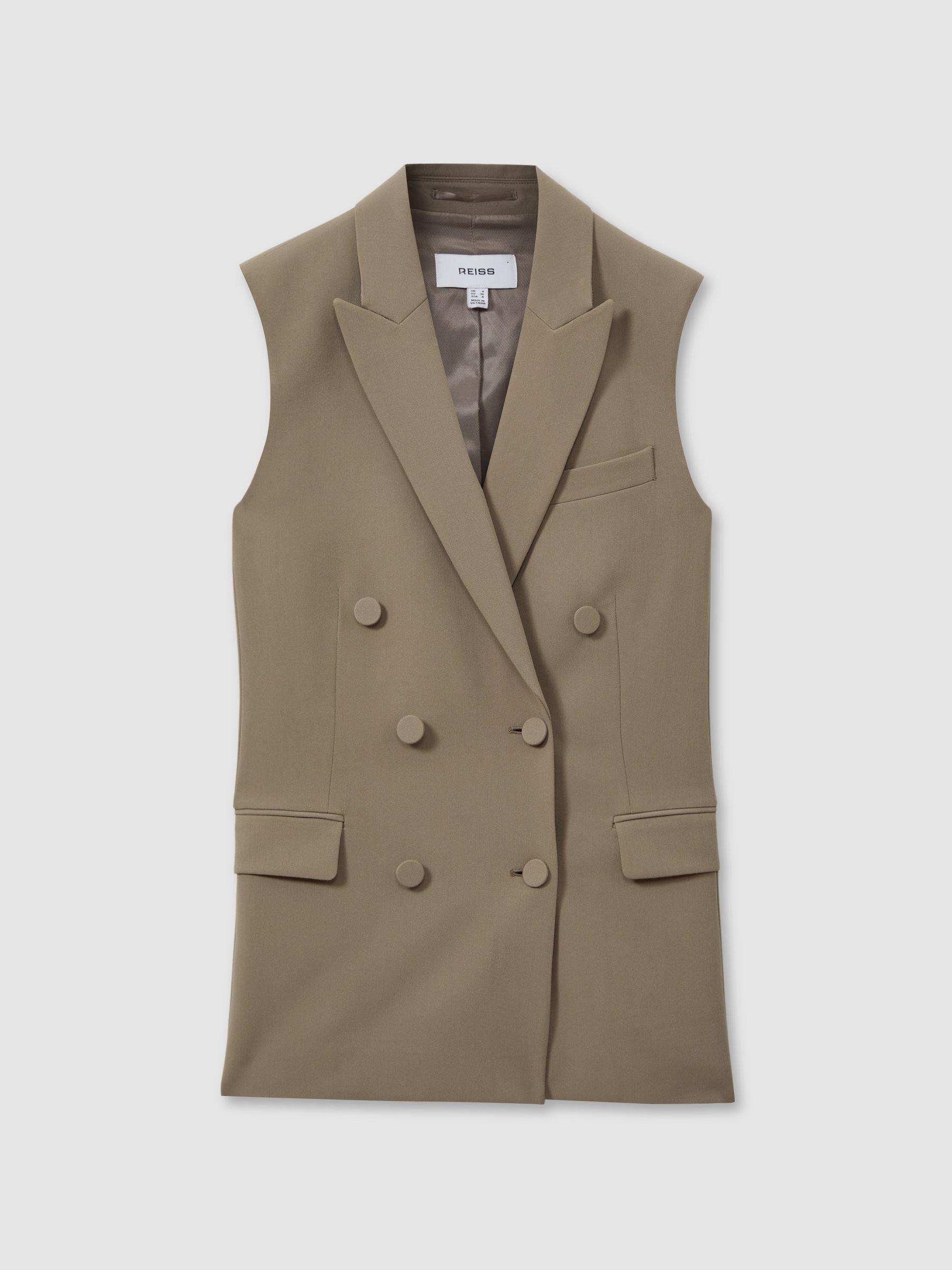 Double Breasted Longline Suit Waistcoat in Khaki Product Image