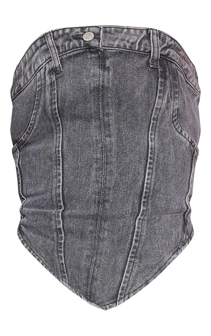 Washed Grey Jean Waistband Detail Denim Corset Top Product Image