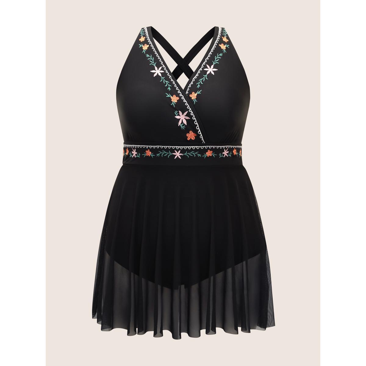 Plus Size Floral Embroidered Overlap Collar Swim Dress Women's Swimwear Black Beach Bodycon Overlap Collar High stretch Curve Swim Dresses BloomChic 22-24/3X Product Image