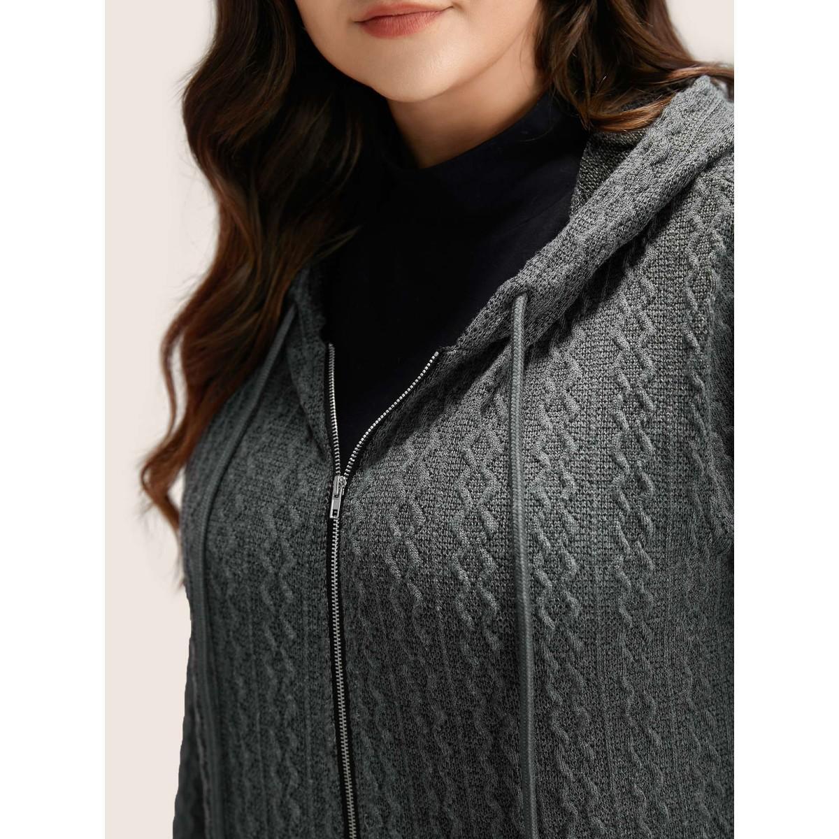 Plus Size Plain Textured Zipper Hooded Sweatshirt Women DimGray Casual Non Hooded Everyday Sweatshirts BloomChic 14-16/1X Product Image