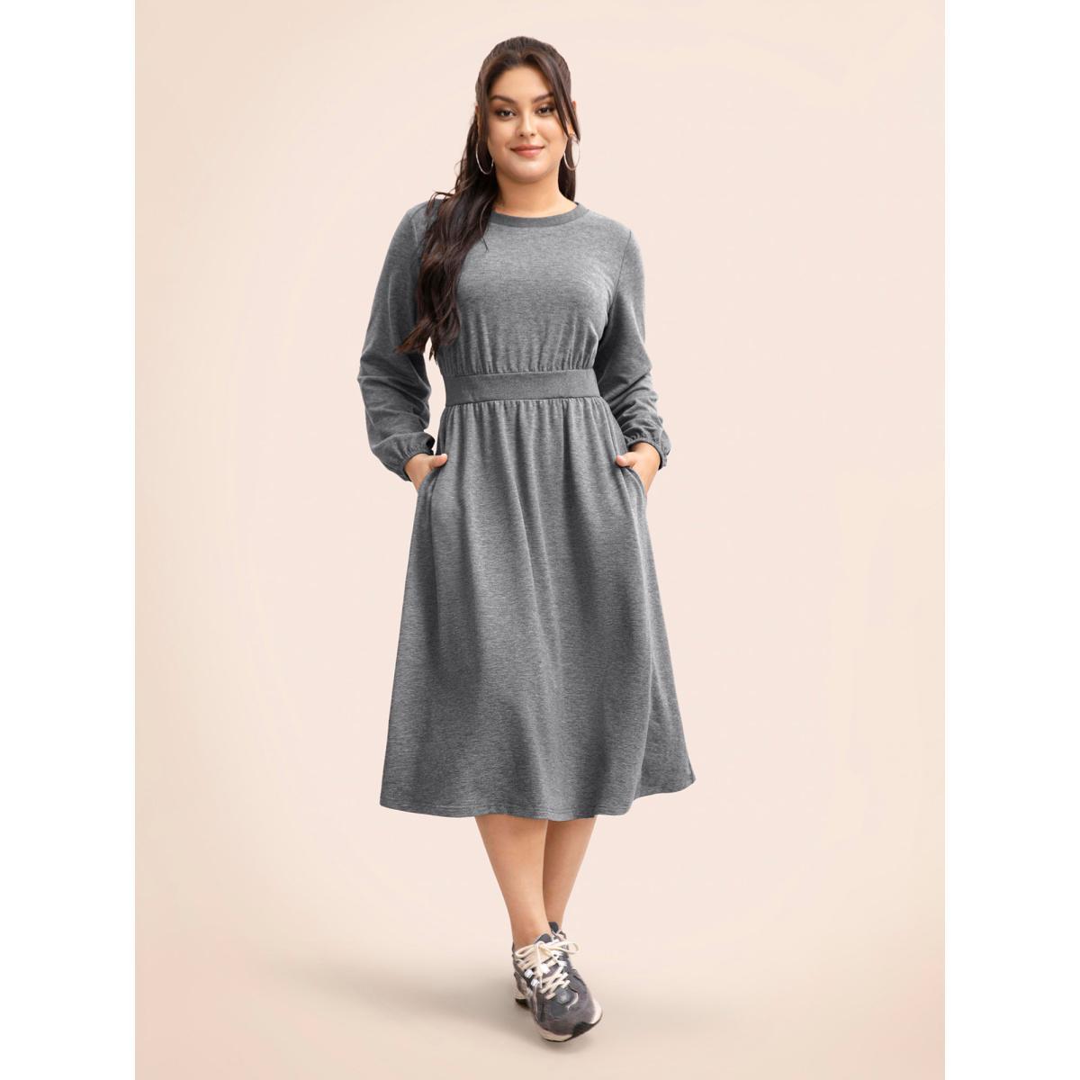 Plus Size Crew Neck Elastic Waist Midi Dress DarkGray Women Casual Patchwork Round Neck Long Sleeve Curvy BloomChic 22-24/3X Product Image