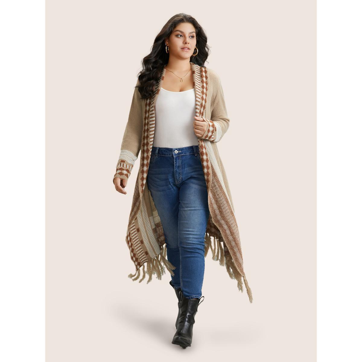 Plus Size Bandana Print Fringe Trim Maxi Cardigan Tan Women Casual Long Sleeve Everyday Cardigans BloomChic 30/6X Product Image