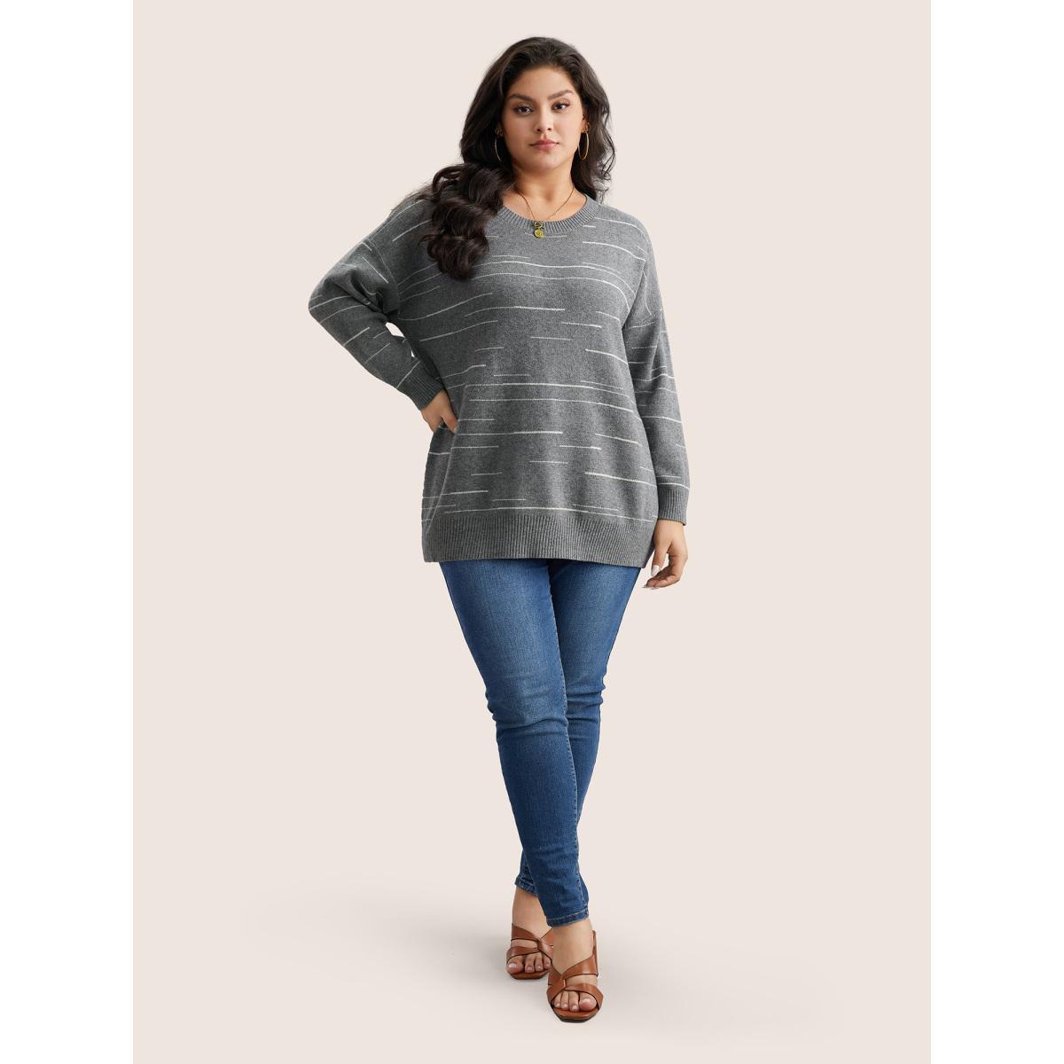 Plus Size Supersoft Essentials Asymmetrical Striped Round Neck Pullover Gray Women Casual Long Sleeve Round Neck Everyday Pullovers BloomChic 10/M Product Image