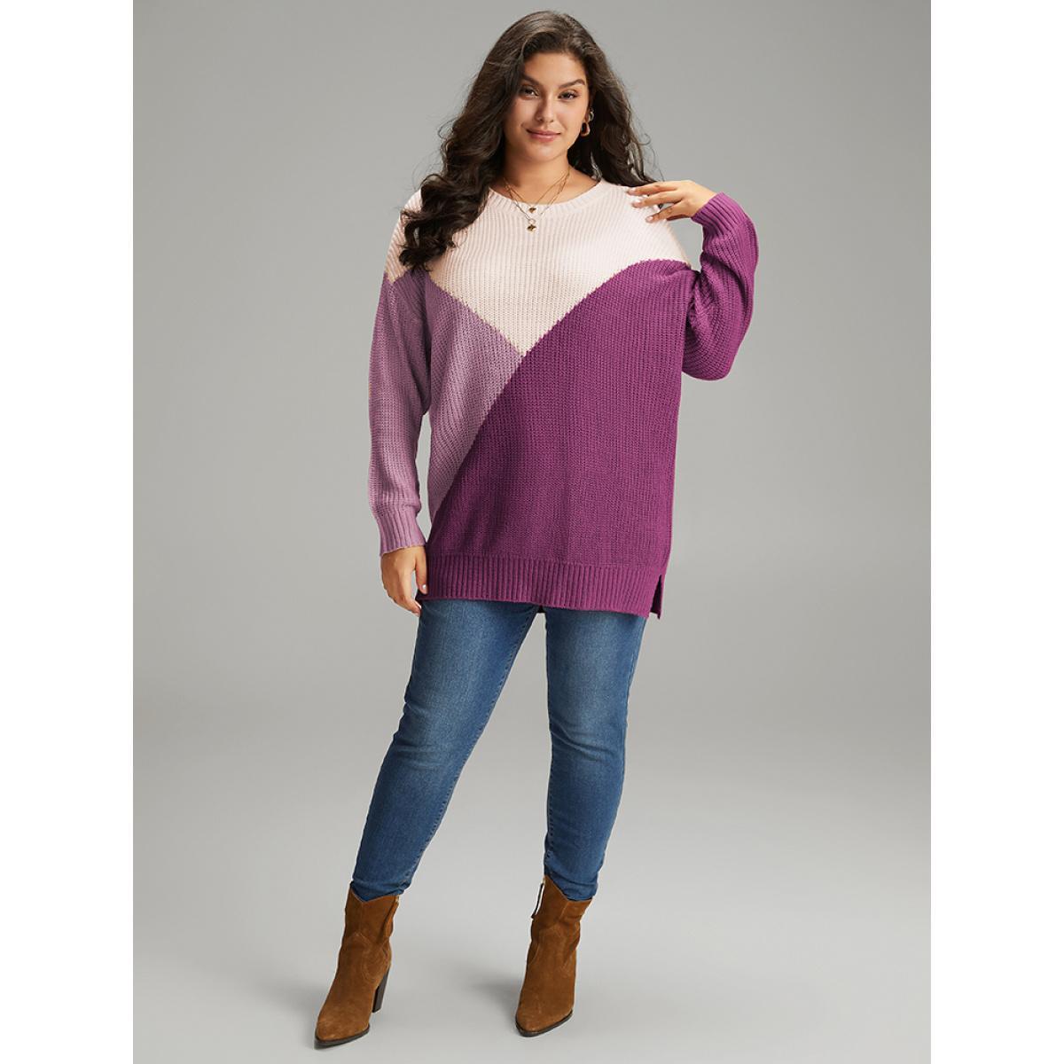 Plus Size Colorblock Split Side Drop Shoulder Pullover RedViolet Women Casual Loose Long Sleeve Round Neck Dailywear Pullovers BloomChic 30/6X Product Image