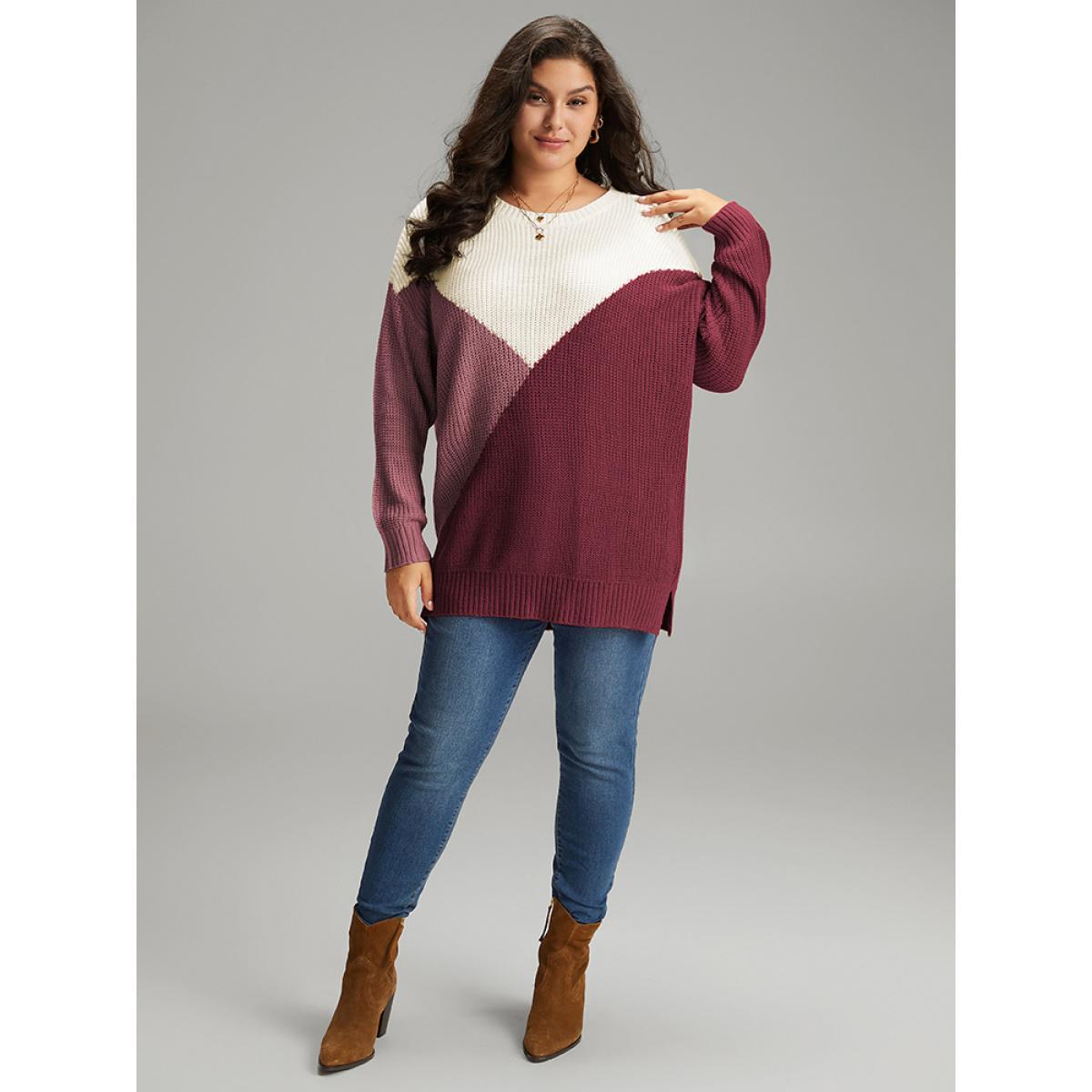 Plus Size Colorblock Split Side Drop Shoulder Pullover Scarlet Women Casual Loose Long Sleeve Round Neck Dailywear Pullovers BloomChic 22-24/3X Product Image