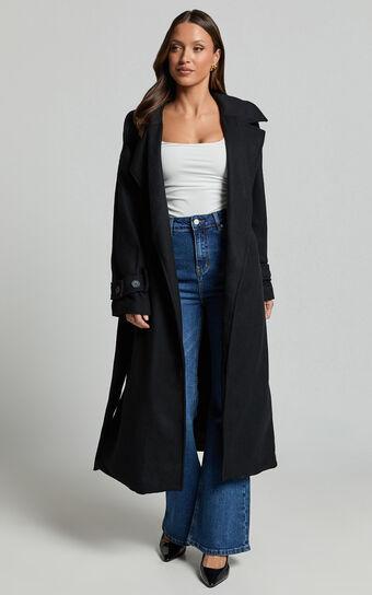 Mella Coat - Belted Longline Coat in Black Product Image
