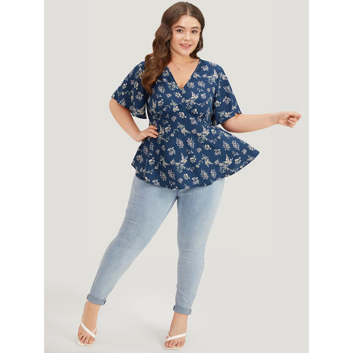 Plus Size Indigo Floral Print Flutter Sleeve Button Detail Blouse Women Elegant Short sleeve V-neck Dailywear Blouses BloomChic 18-20/2X Product Image