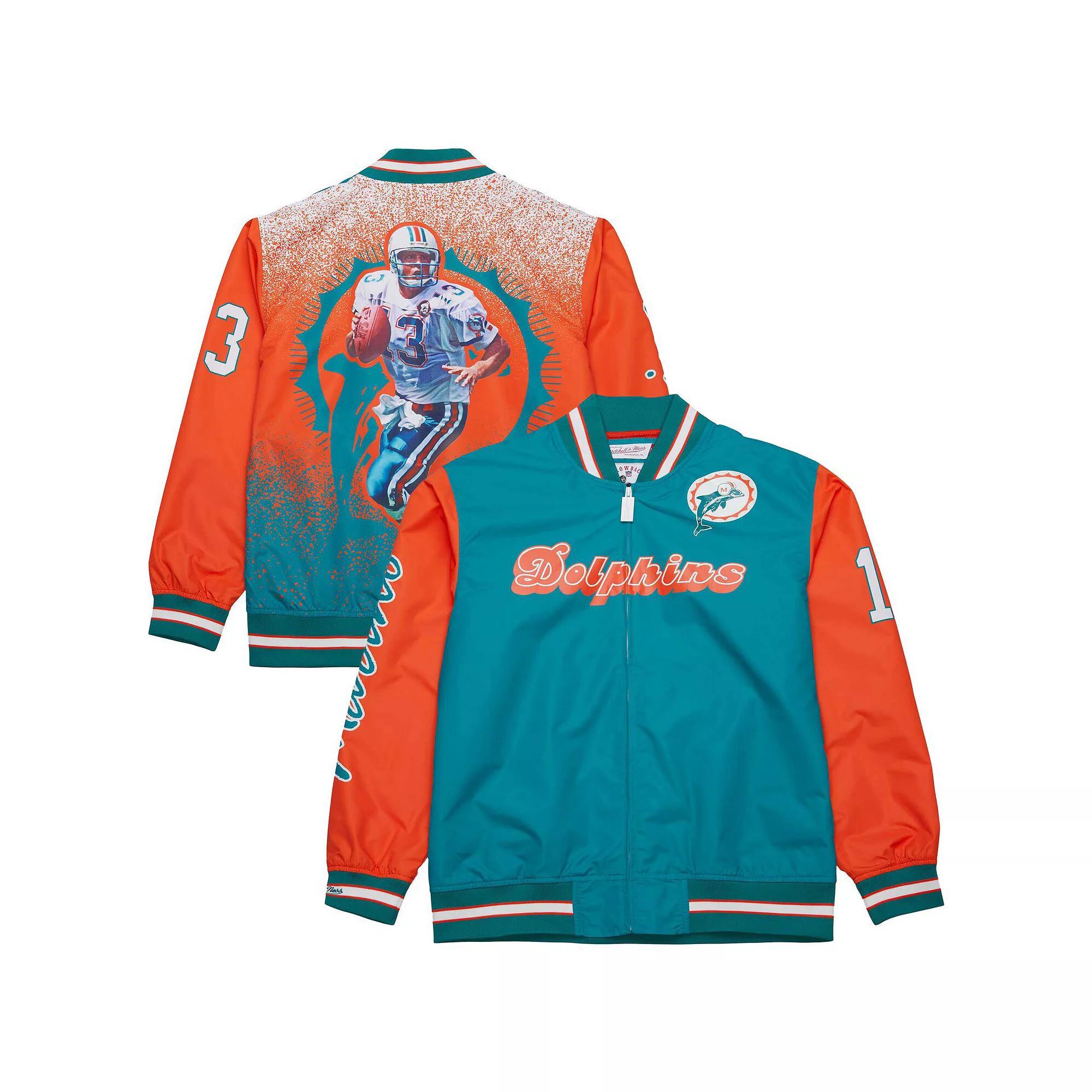 Men's Mitchell & Ness Dan Marino Aqua Miami Dolphins Retired Player Graphic Full-Zip Satin Jacket, Size: Small, Turquoise A Product Image