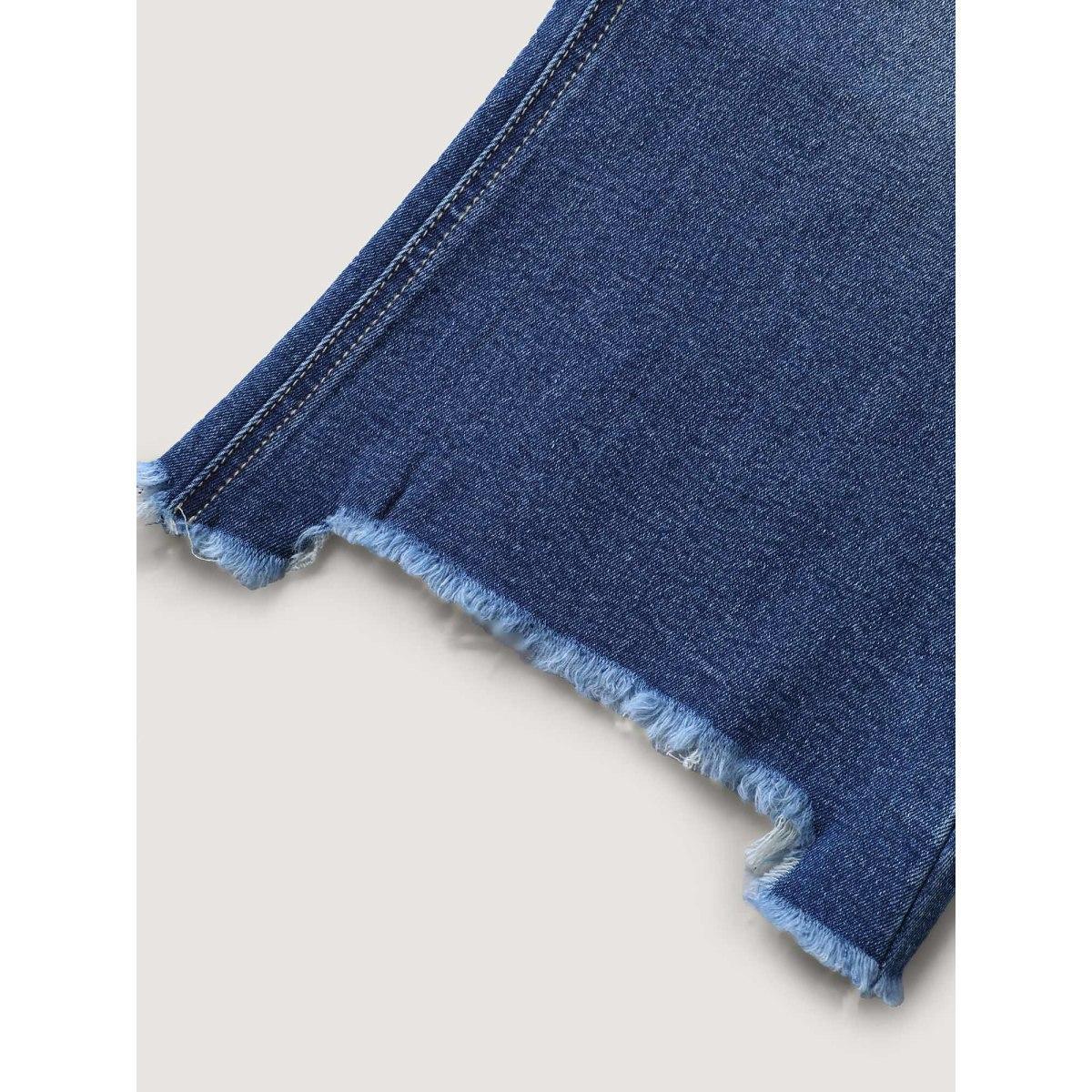 Plus Size Pull-On Frayed Capri Hem Jeans Women Midblue Medium stretch Slanted pocket Jeans BloomChic 24/3X Product Image