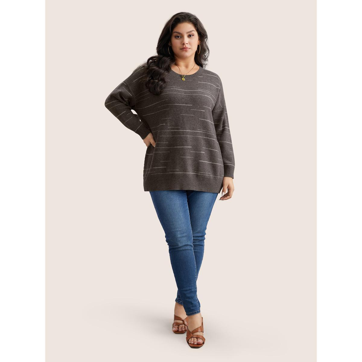 Plus Size Supersoft Essentials Asymmetrical Striped Round Neck Pullover DarkBrown Women Casual Long Sleeve Round Neck Everyday Pullovers BloomChic 14-16/1X Product Image