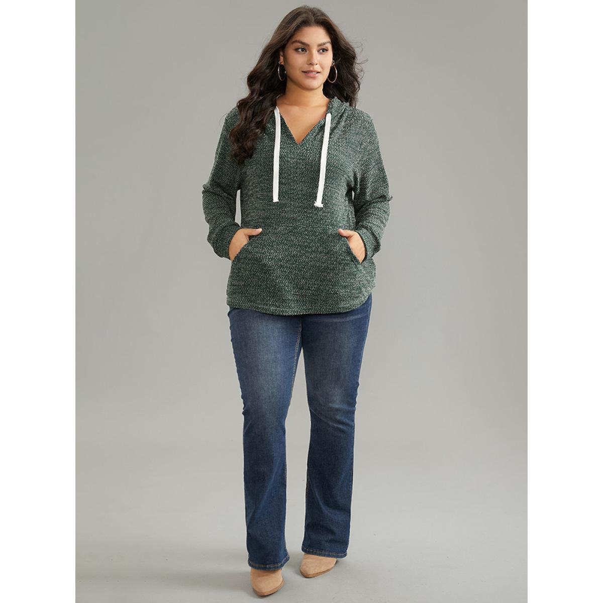 Plus Size Textured Kangaroo Pocket Hooded Sweatshirt Women Green Casual Texture Hooded Everyday Sweatshirts BloomChic 30/6X Product Image