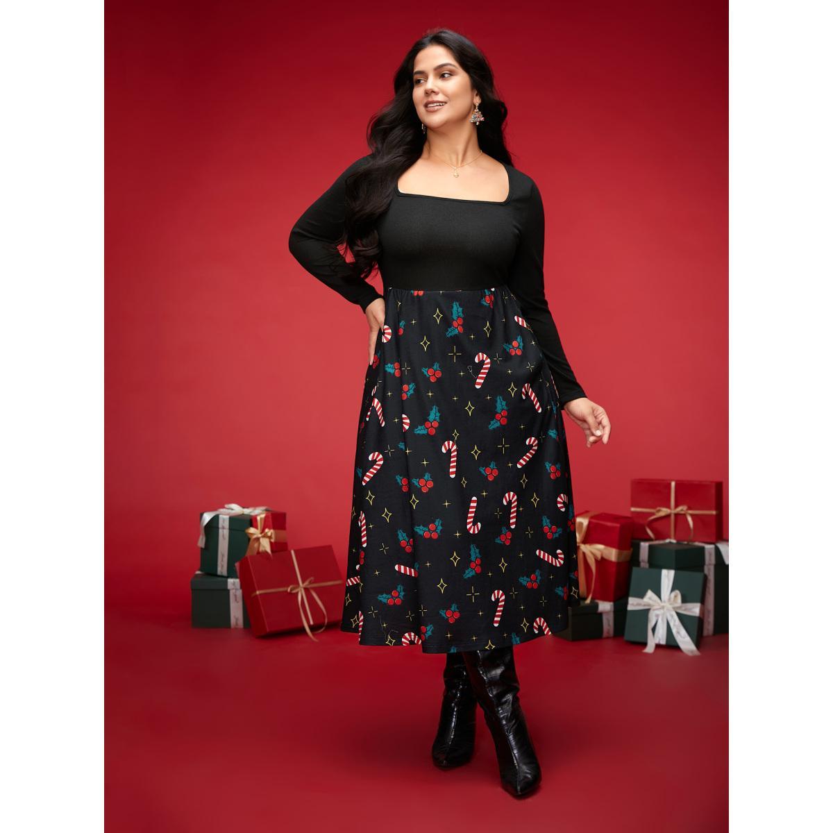 Plus Size Festive Knit Printed Skirt Midi Dress Black Women Elegant Patchwork Party Curvy Bloomchic 22-24/3X Product Image