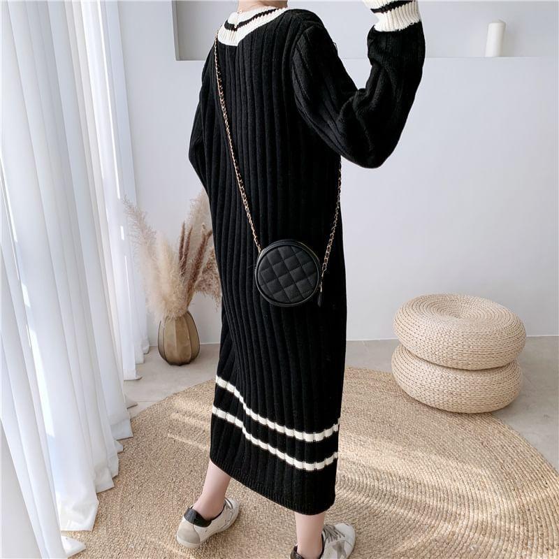 Long Sleeve V-Neck Striped Hem Sweater Dress Product Image