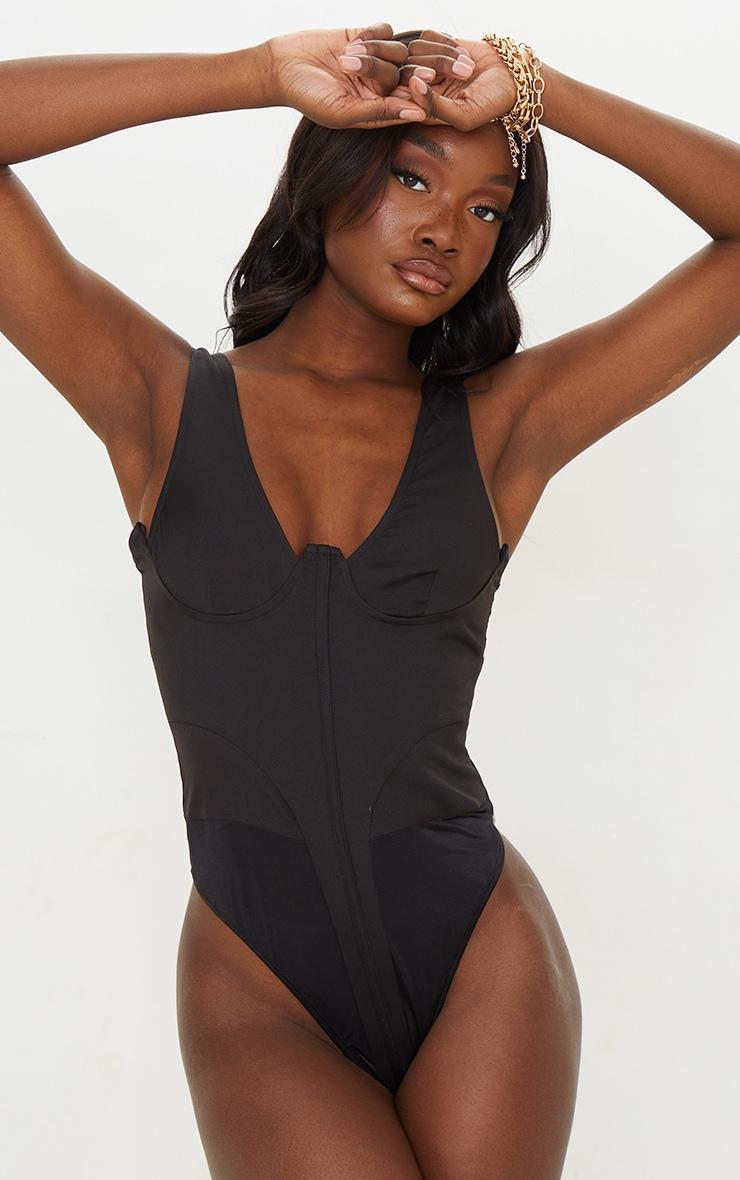  Tall Black Corset Detail Woven Bodysuit  Product Image