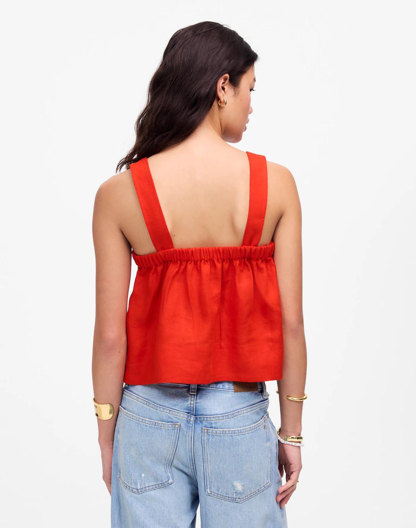 Contrast-Stitch Squareneck Top in 100% Linen Product Image