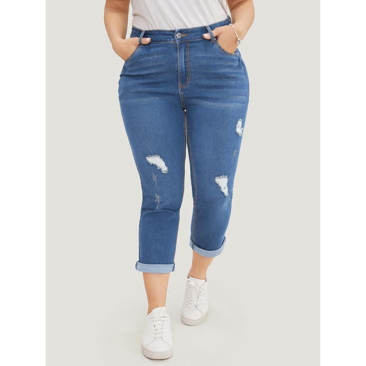 Plus Size Very Stretchy Dark Wash Roll Hem Cropped Jeans Women Blue Casual Plain Distressed High stretch Patch pocket Jeans BloomChic 30/6X Product Image