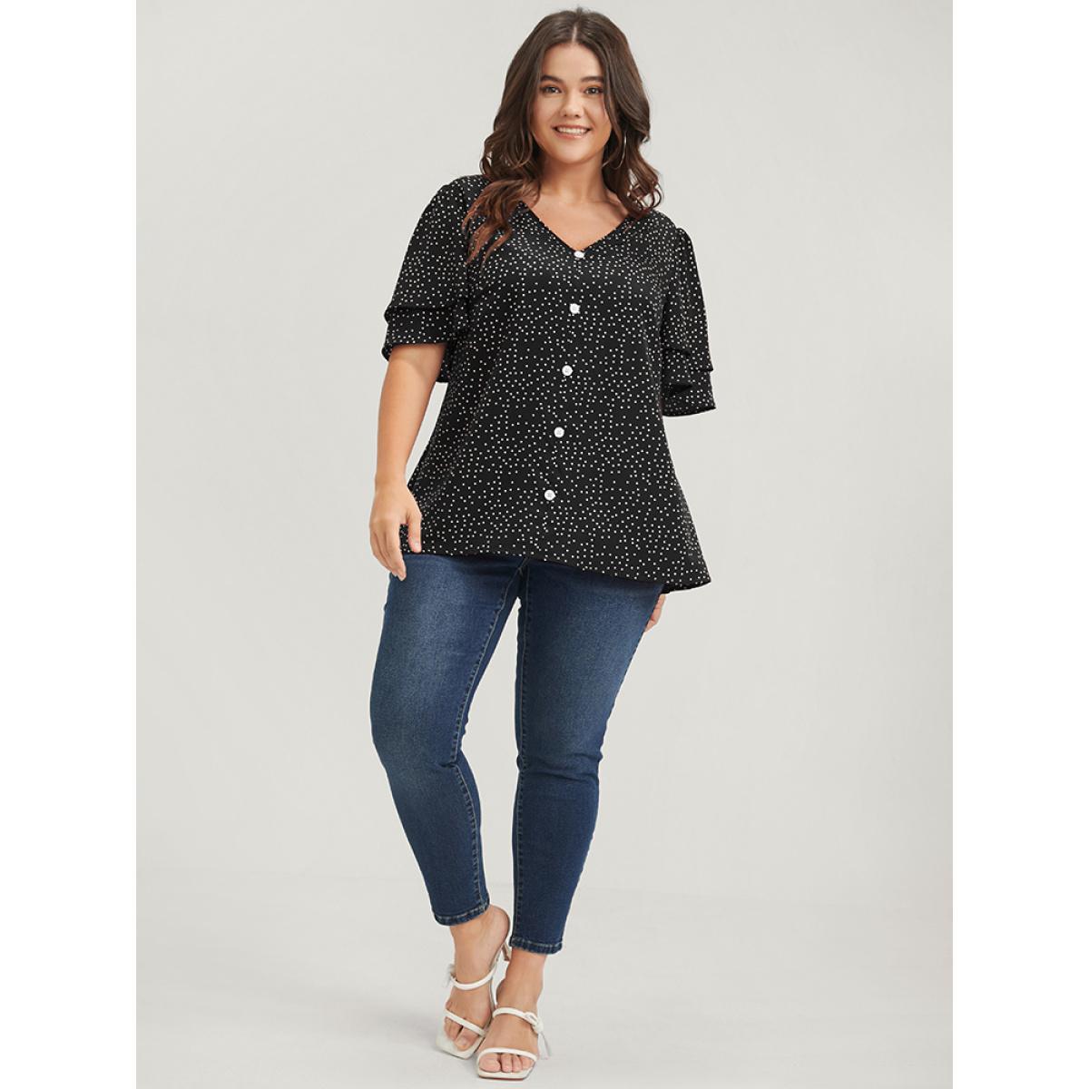 Plus Size Black Polka Dot Ruffle Sleeve Button Front Blouse Women Elegant Short sleeve V-neck Dailywear Blouses BloomChic 12/L Product Image