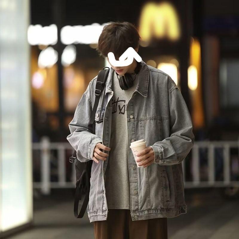 Lapel Collar Button Up Denim Trucker Jacket Product Image