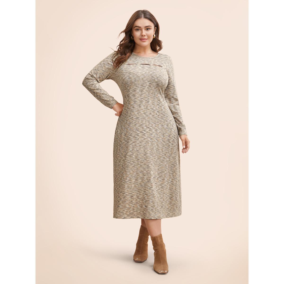Plus Size Heather Pit Strip Cut Out Dress LightBrown Women Elegant Distressed Round Neck Extra Long Sleeve Curvy BloomChic 22-24/3X Product Image