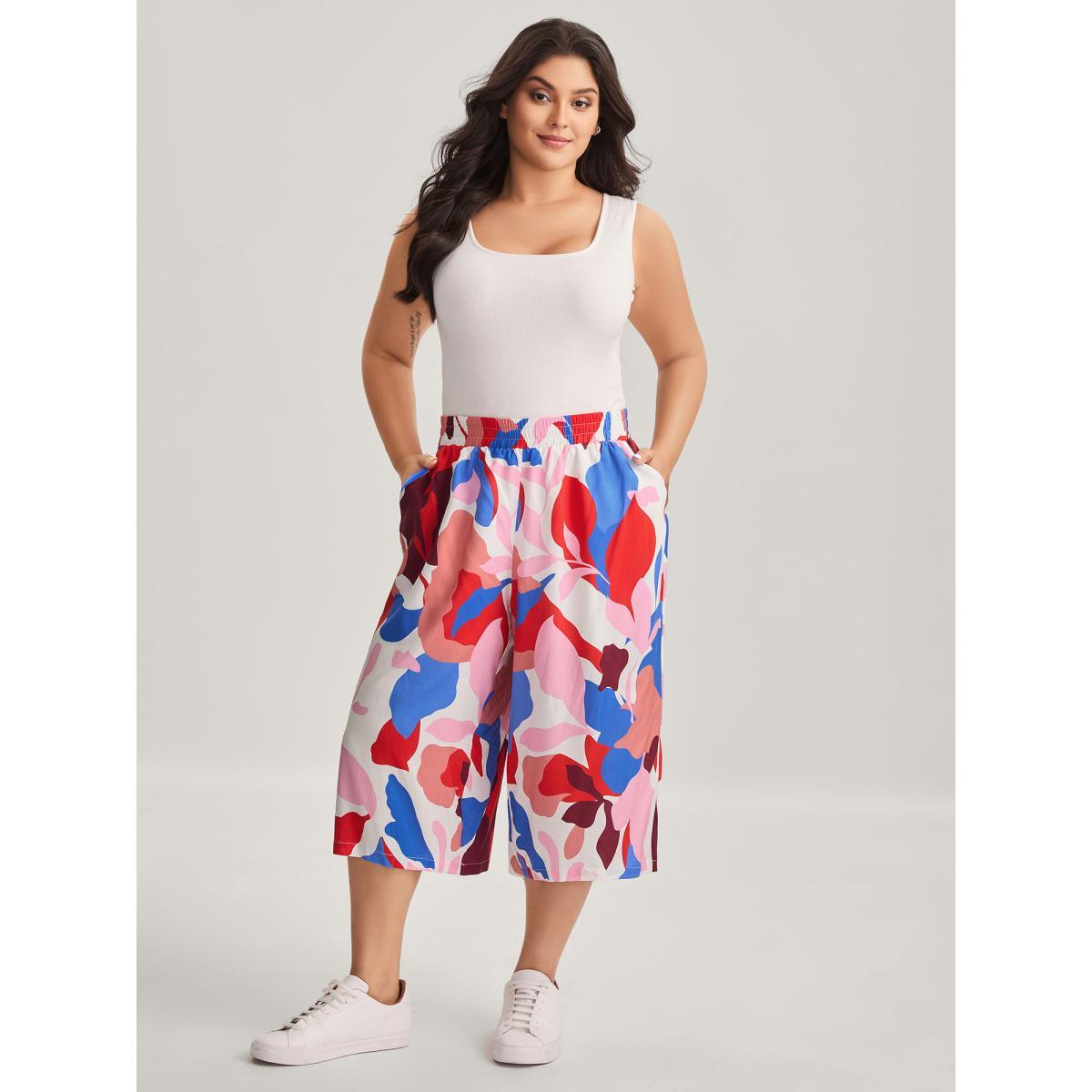 Plus Size Color Block Stretchy Waist Wide-Leg Pants Women Multicolor Casual Wide Leg Mid Rise Everyday-Casual Pants BloomChic 10/M Product Image