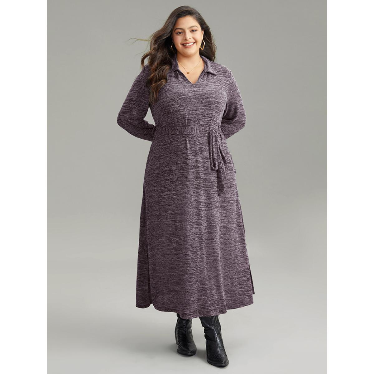 Plus Size Solid Pocket Elastic Waist Ties Split Hem Dress Purple Women Casual Plain Lapel Collar Long Sleeve Curvy Midi Dress BloomChic 10/M Product Image
