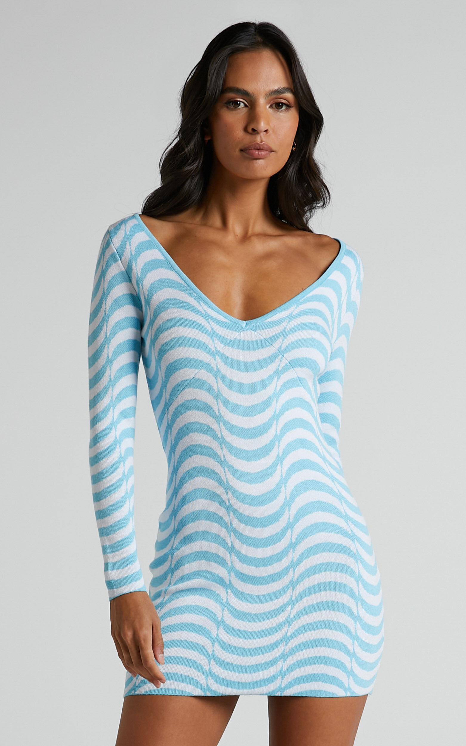 Lizia Mini Dress - Intarsia V Neck Long Sleeve Bodycon Dress in Wavy Stripe Product Image