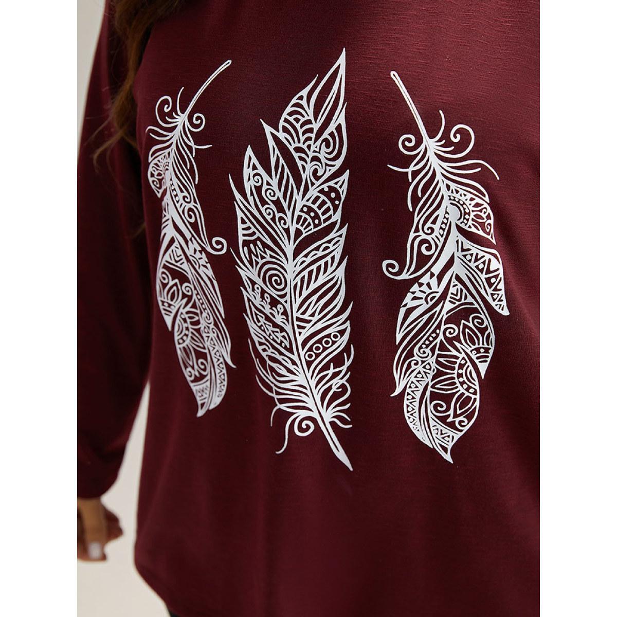 Plus Size Feather Print Round Neck T-shirt Burgundy Women Casual Printed Art&design Dailywear T-shirts BloomChic 12/L Product Image