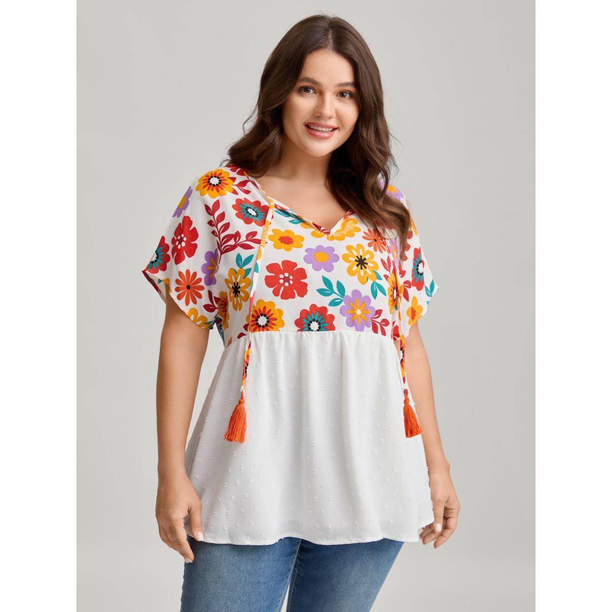 Plus Size WhiteSmoke Floral Print Neck-Tie Babydoll Top Women Resort Short sleeve Non Vacation Blouses BloomChic 10/M Product Image