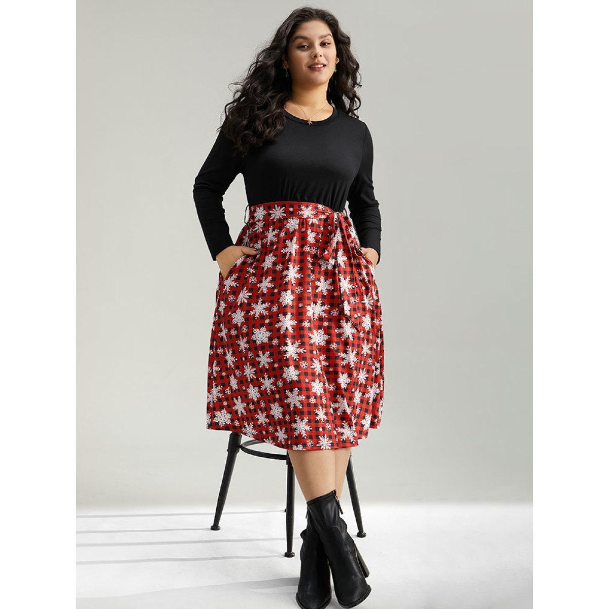 Plus Size Snowflake Print Belted Long Sleeve Dress Raspberry Women Elegant Belted Round Neck Long Sleeve Curvy Midi Dress BloomChic 18-20/2X Product Image
