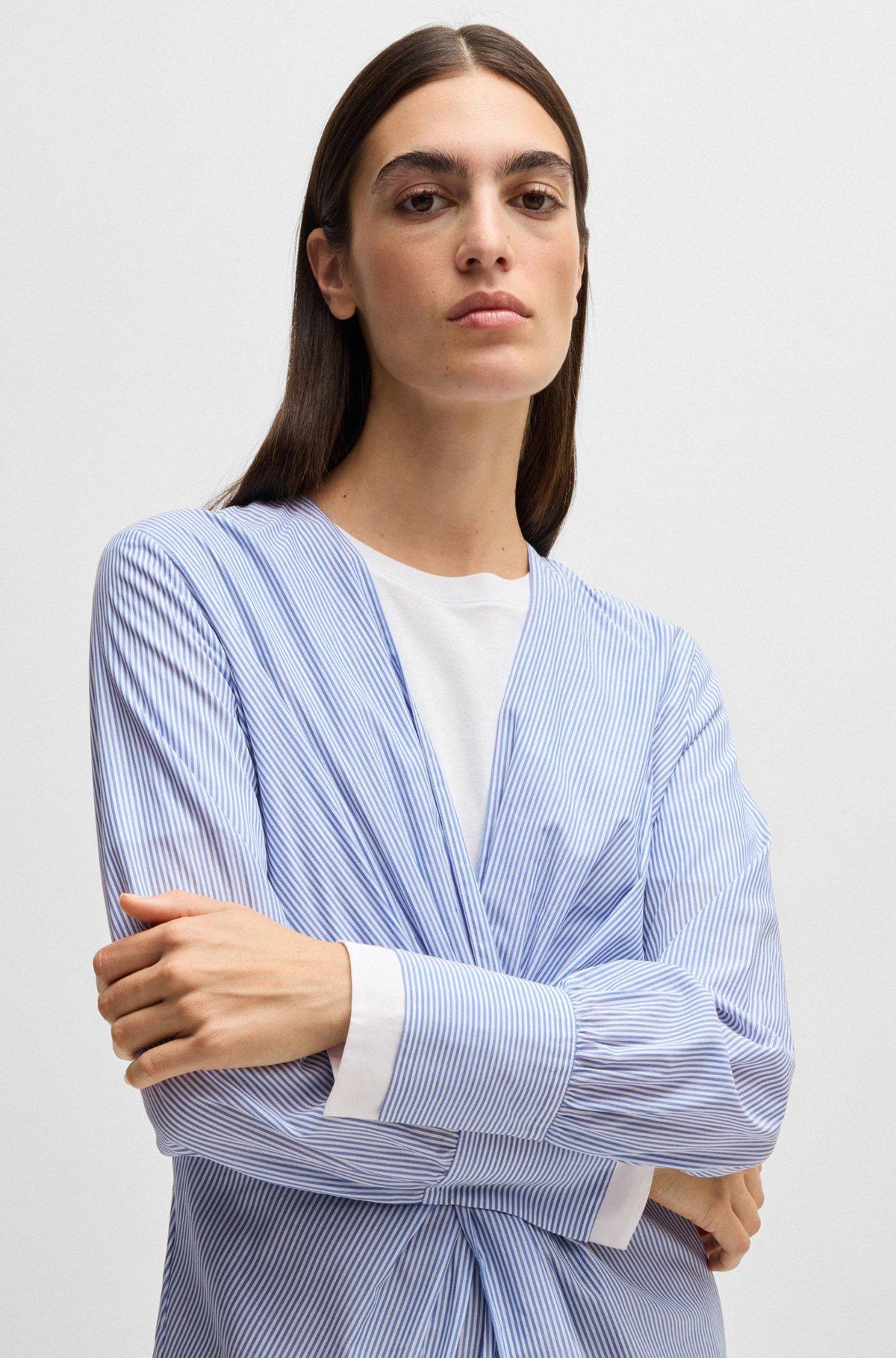 BOSS - Twist-front slim-fit blouse in striped cotton - Blue Product Image