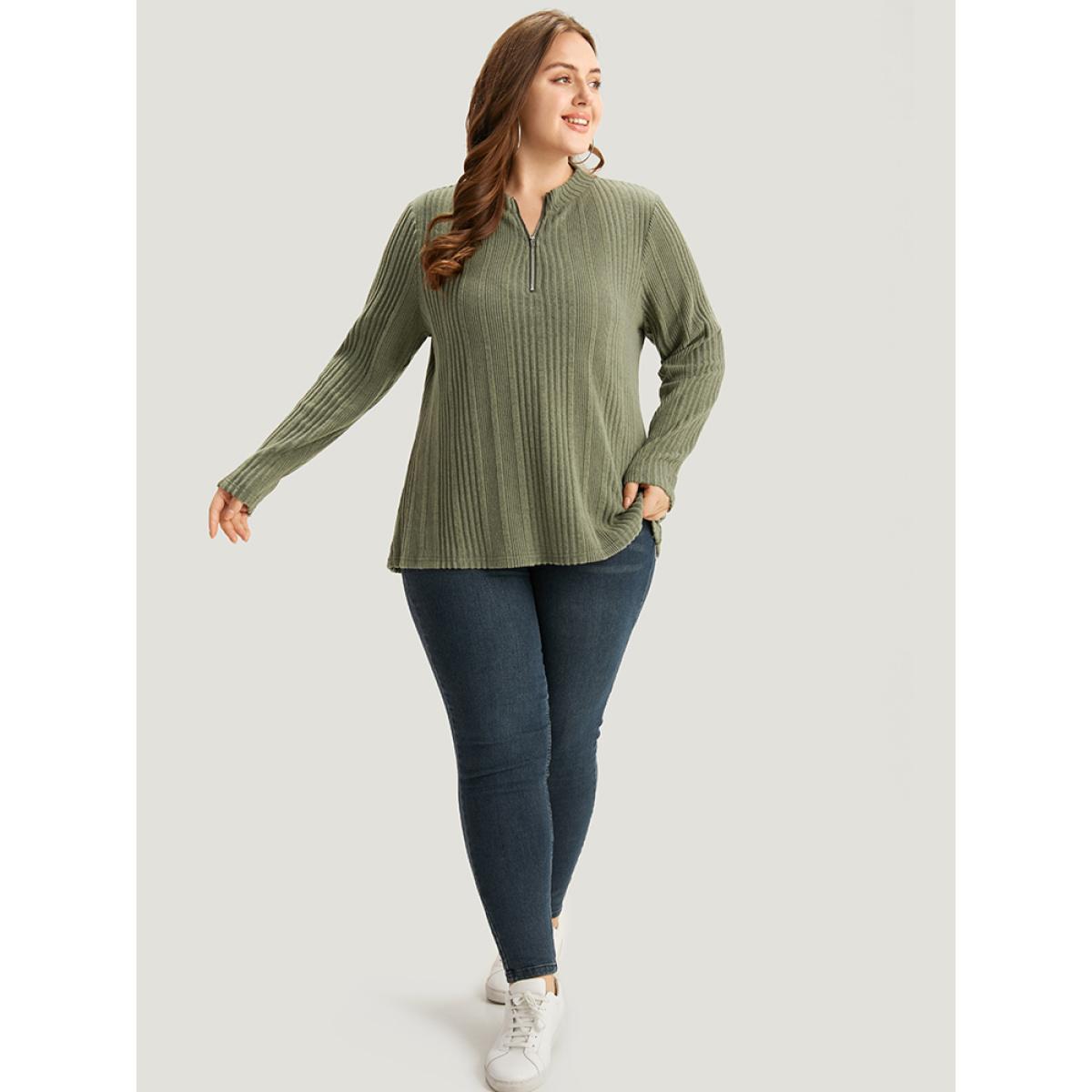 Plus Size Plain Rib Knit Half Zip T-shirt Green Women Casual Texture Plain Open Front Dailywear T-shirts BloomChic 10/M Product Image