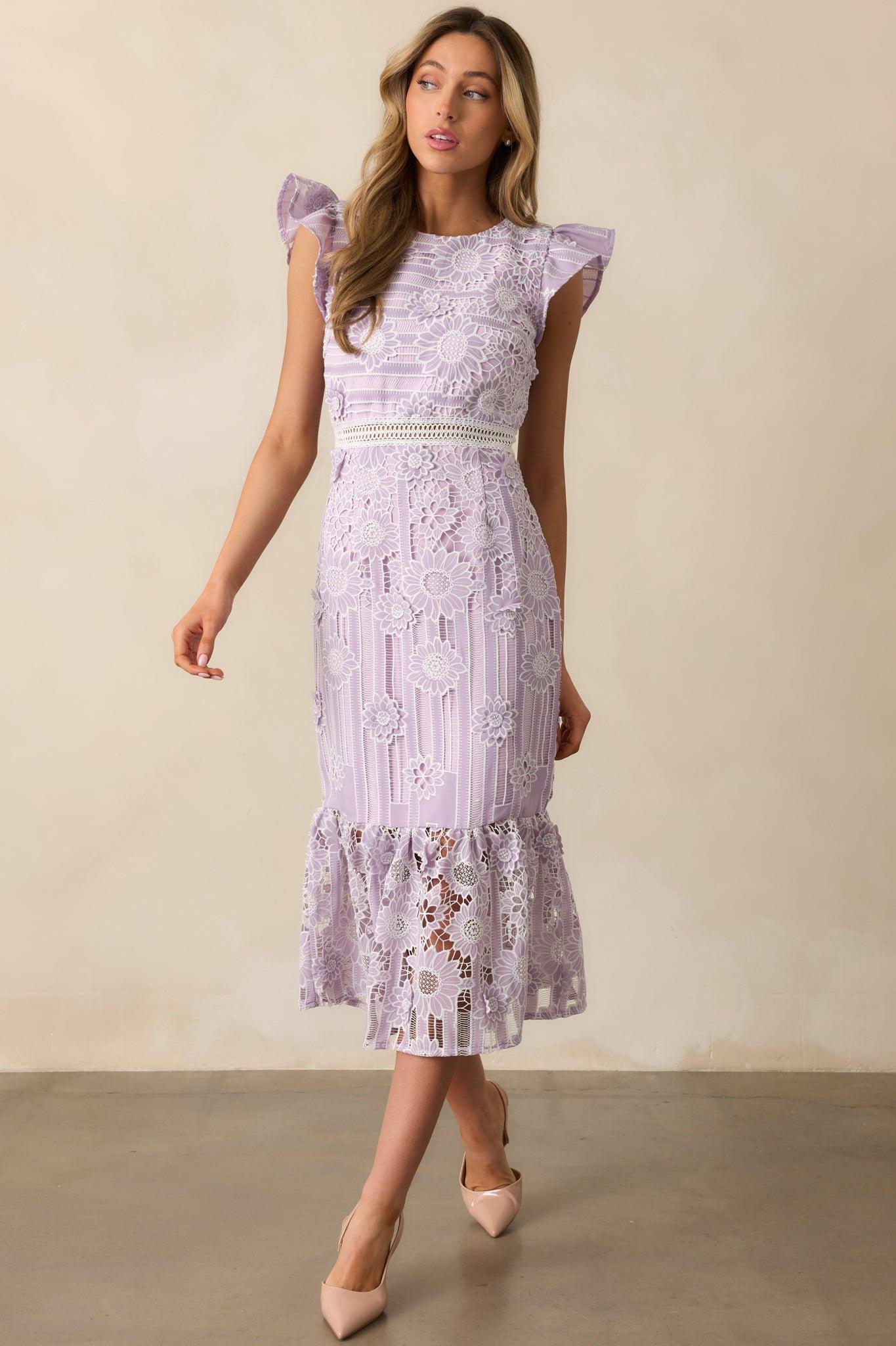 Dance The Night Away Lavender Floral Embroidered Midi Dress Product Image