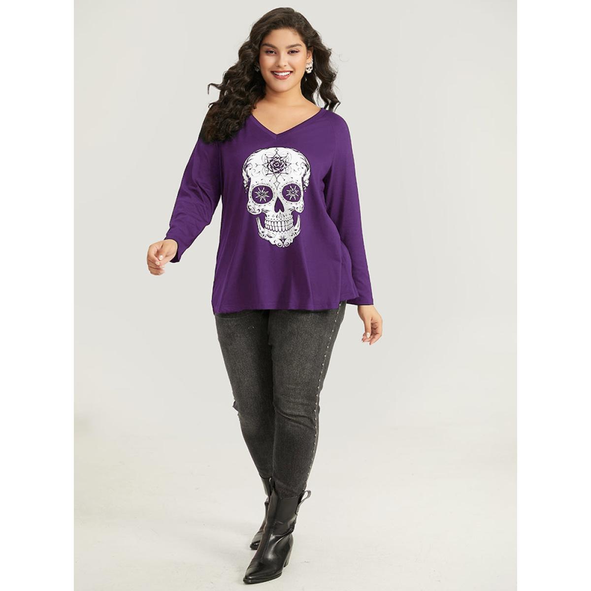 Plus Size Halloween Skull Print Long Sleeve T-shirt Purple Women Casual Printed Halloween Festival-Halloween T-shirts BloomChic 26/4X Product Image