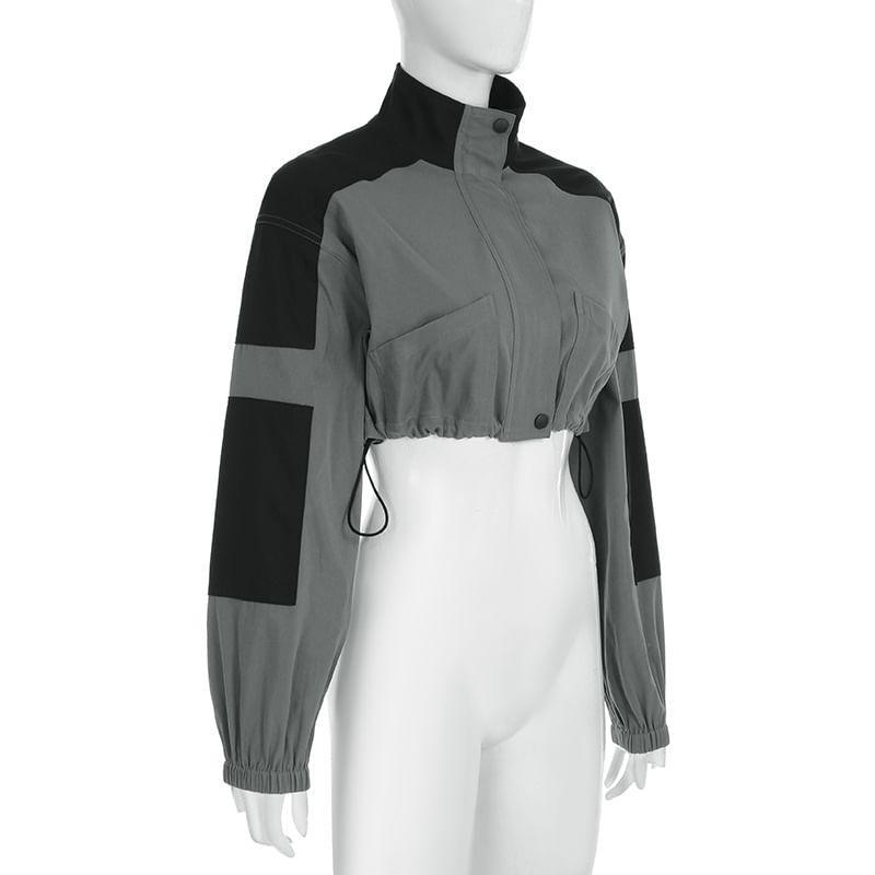Stand Collar Two Tone Drawstring Hem Zip-Up Crop Jacket Product Image