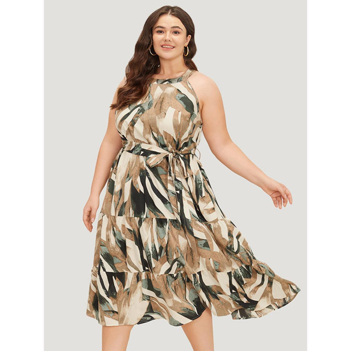 Plus Size Geometric Contrast Ruffles Layered Pocket Belt Knot Halter Dress DarkGreen Women Elegant Belted Halter neck Sleeveless Curvy Long Dress BloomChic 22-24/3X Product Image