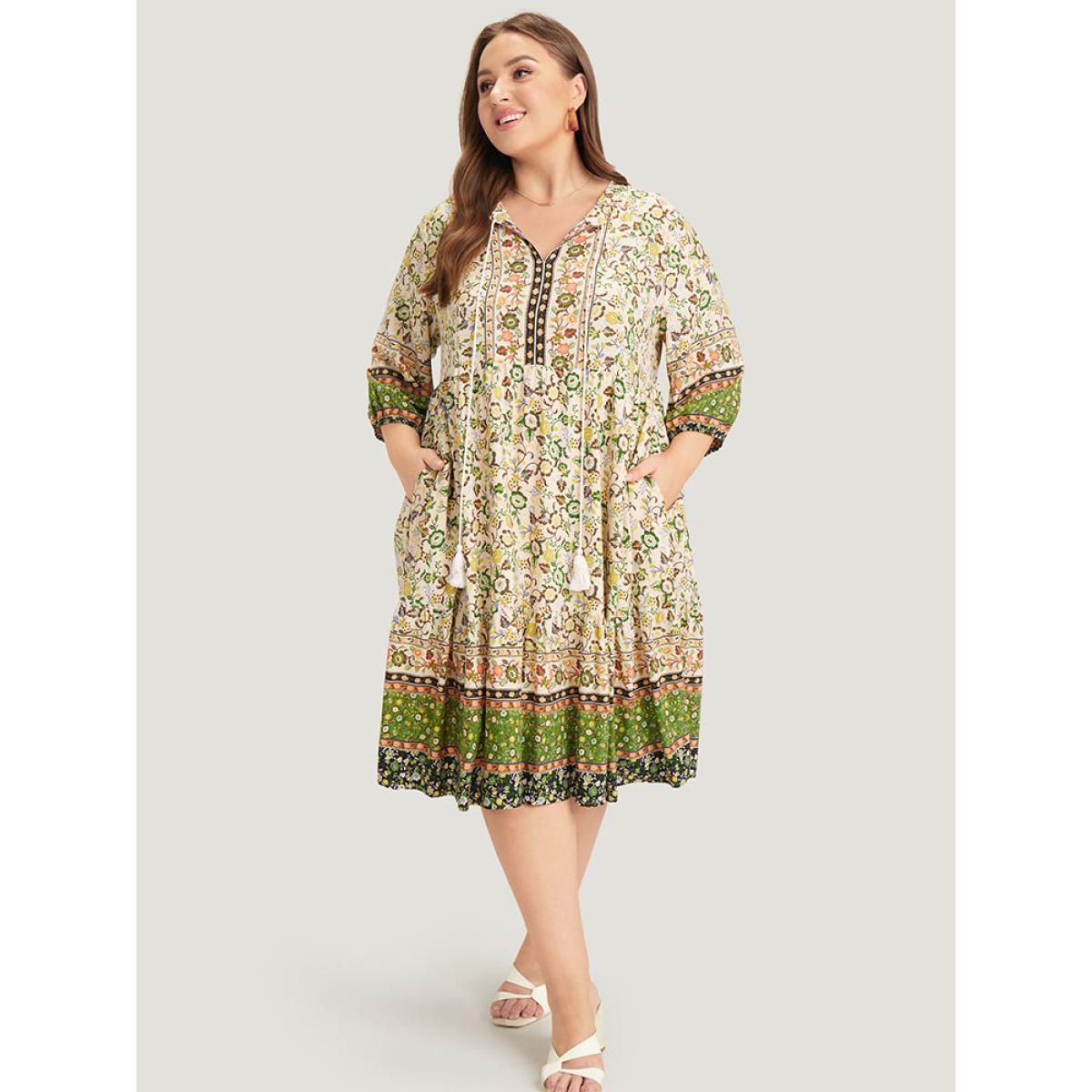 Plus Size Bandana Tassels Ties Neck Pocket Ruffle Hem Dress Green Women Vacation Tassels Tie Neck Elbow-length sleeve Curvy Midi Dress BloomChic 28/5X Product Image