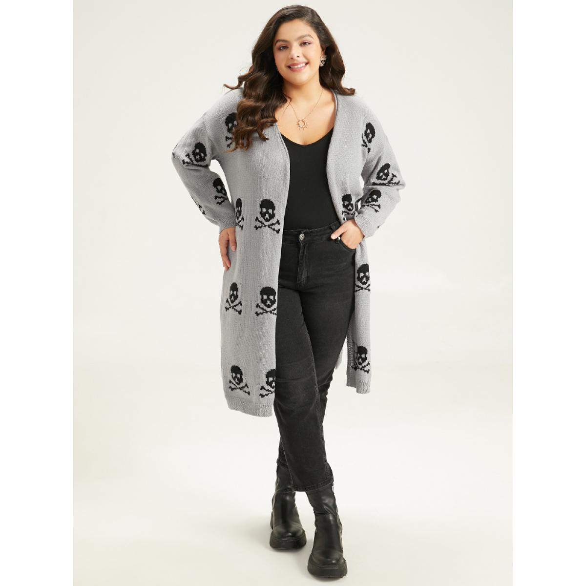 Plus Size Halloween Skull Print Split Side Drop Shoulder Maxi Cardigan Gray Women Casual Loose Long Sleeve Festival-Halloween Cardigans BloomChic 18-20/2X Product Image