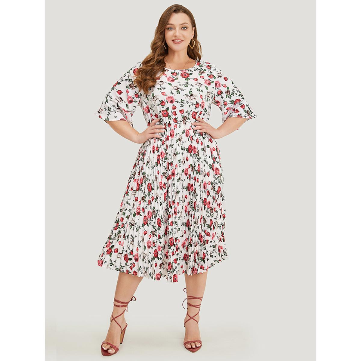 Plus Size Floral Print Pleated Hem Pocket Bell Sleeve Midi Dress Multicolor Women Elegant Pleated Round Neck Half Sleeve Curvy Midi Dress BloomChic 12/L Product Image