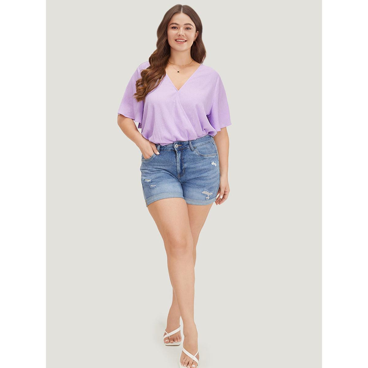 Plus Size Solid Ruffle Sleeve V Neck Ruched Bodysuit Women Lilac Plain Plain Bodysuits BloomChic 18-20/2X Product Image