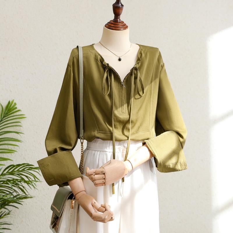 Long Sleeve V-Neck Plain Blouse Product Image