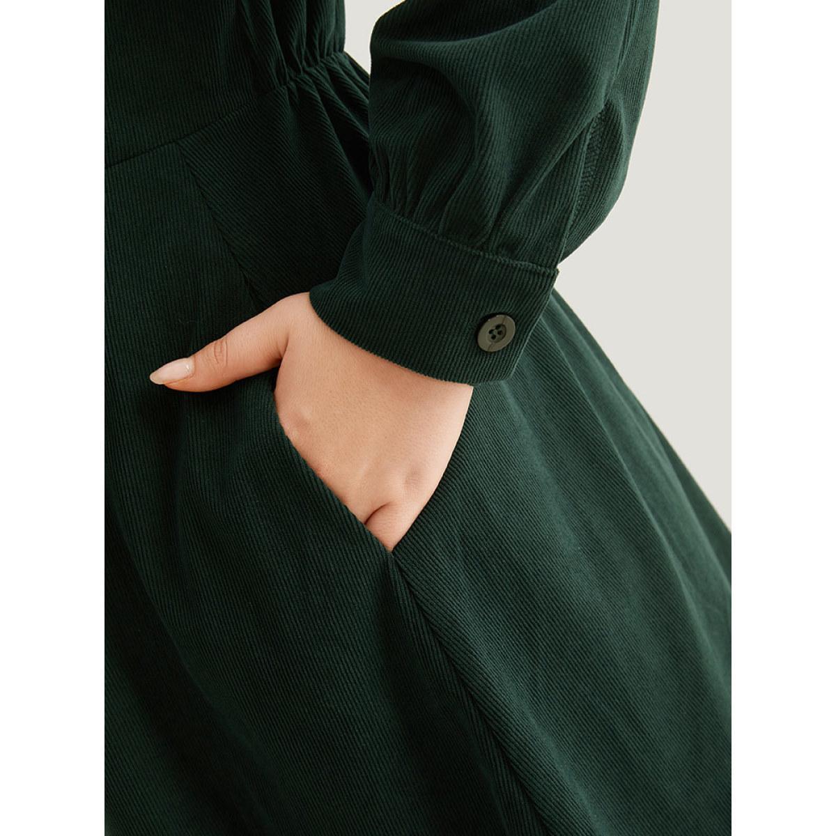 Plus Size Corduroy Plain Pocket Button Detail Dress DarkGreen Women Elegant Gathered Square Neck Long Sleeve Curvy Midi Dress BloomChic 30/6X Product Image
